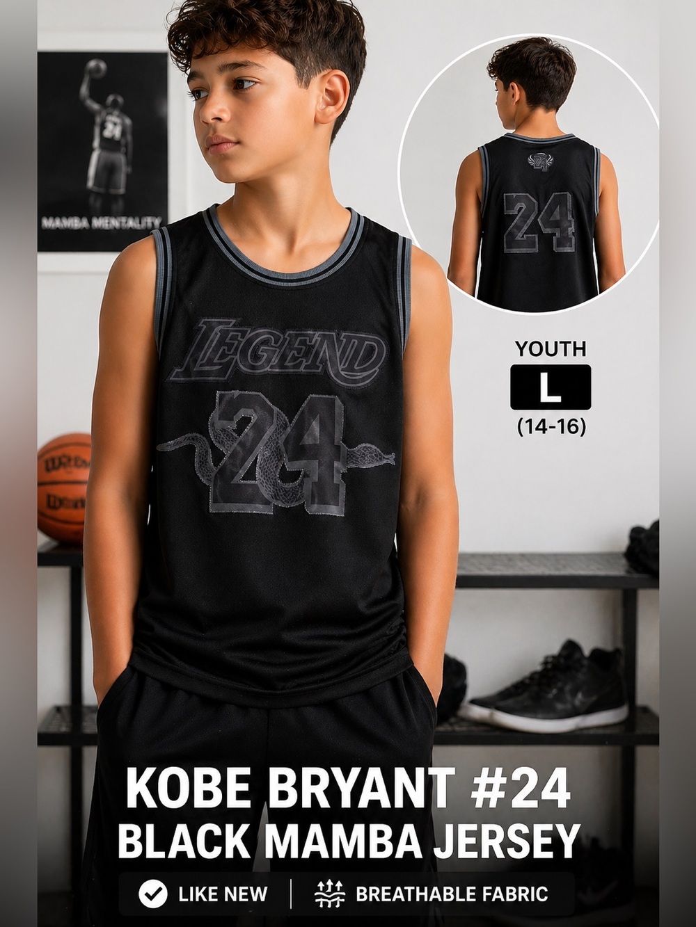 Kobe Bryant “Legend” #24 Black Mamba Youth Jersey Large Like New